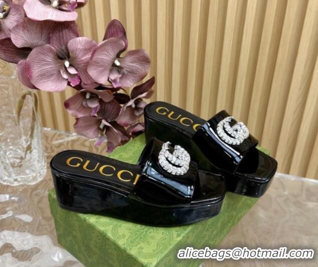 Crafted Gucci Patent Calf Leather Platform Slide Sandals 6.5cm Black 1119061