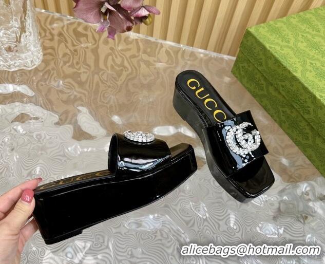 Crafted Gucci Patent Calf Leather Platform Slide Sandals 6.5cm Black 1119061