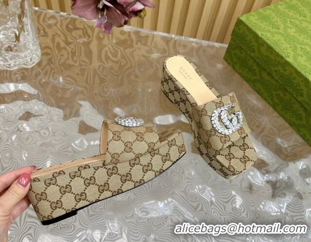 Pretty Style Gucci GG Supreme Canvas Platform Slide Sandals 6.5cm Beige 1119065