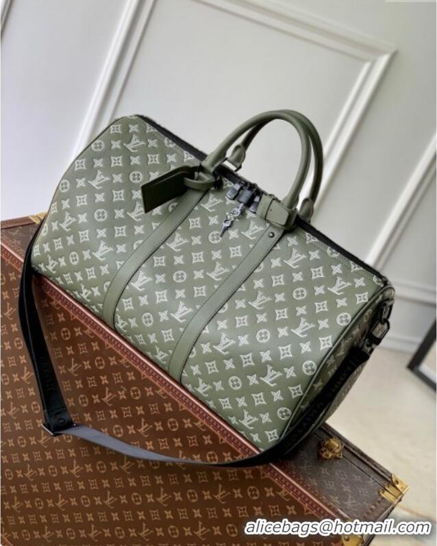 Luxurious Louis Vuitton Keepall Bandouliere 50 Bag in Olive Green Monogram Shadow Embossed Calf Leather M12504 2025