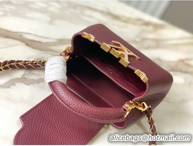 Reasonable Price Louis Vuitton Capucines Nano Bag with Strass Hardware in Burgundy Taurillon Leather M24583 2025