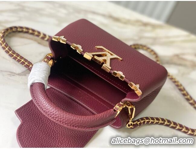 Top Grade Louis Vuitton Capucines Mini Bag with Strass Hardware in Burgundy Taurillon Leather M24583 2025