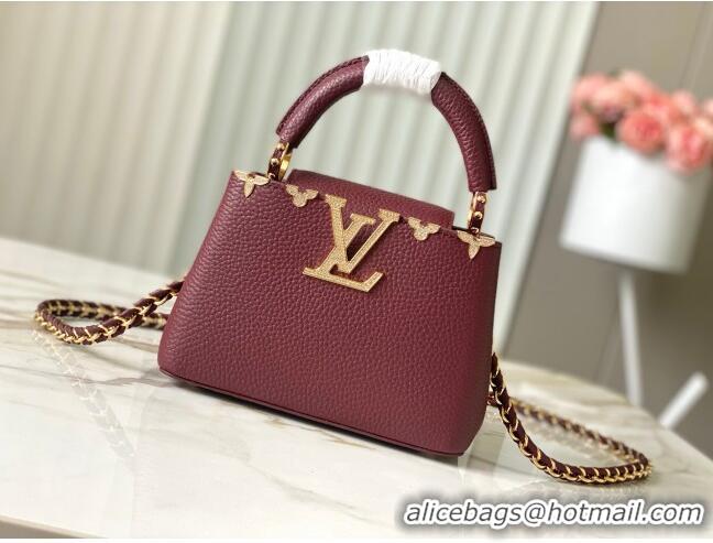 Top Grade Louis Vuitton Capucines Mini Bag with Strass Hardware in Burgundy Taurillon Leather M24583 2025