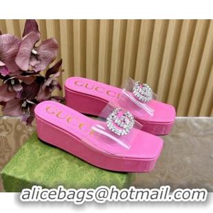 Top Grade Gucci Patent Leather and PVC Platform Slide Sandals 6.5cm Pink 1119074