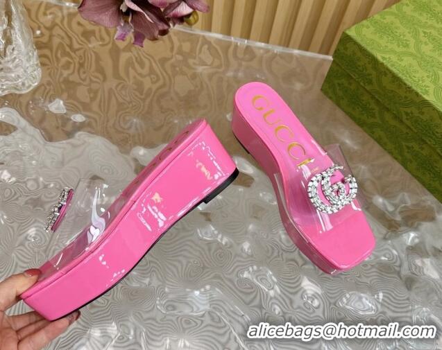 Top Grade Gucci Patent Leather and PVC Platform Slide Sandals 6.5cm Pink 1119074