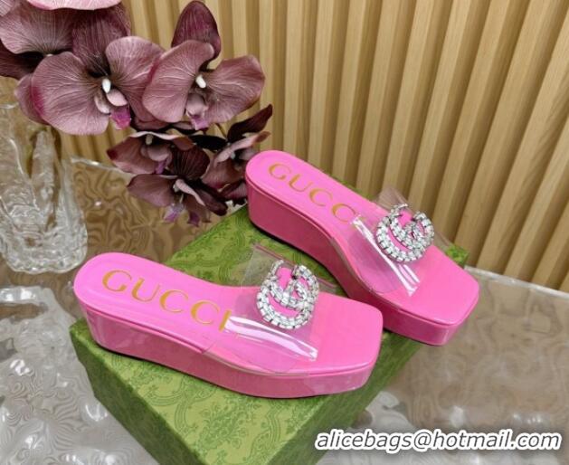 Top Grade Gucci Patent Leather and PVC Platform Slide Sandals 6.5cm Pink 1119074