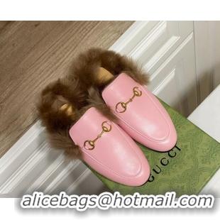 Top Design Gucci Leather and Wool Flat Slippers Light Pink 1119084