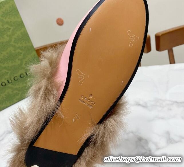 Top Design Gucci Leather and Wool Flat Slippers Light Pink 1119084