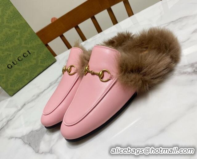 Top Design Gucci Leather and Wool Flat Slippers Light Pink 1119084