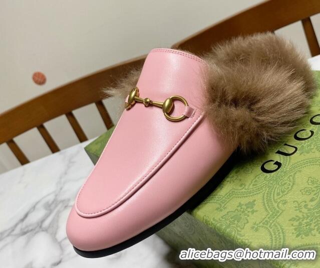 Top Design Gucci Leather and Wool Flat Slippers Light Pink 1119084