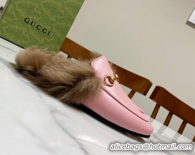 Top Design Gucci Leather and Wool Flat Slippers Light Pink 1119084