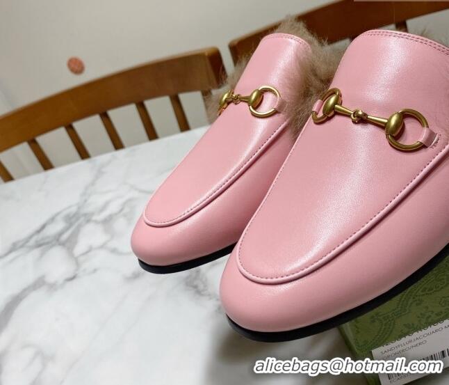 Top Design Gucci Leather and Wool Flat Slippers Light Pink 1119084