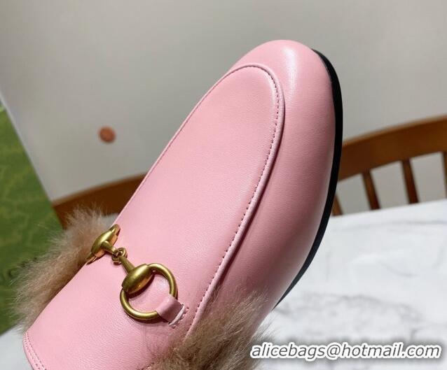 Top Design Gucci Leather and Wool Flat Slippers Light Pink 1119084