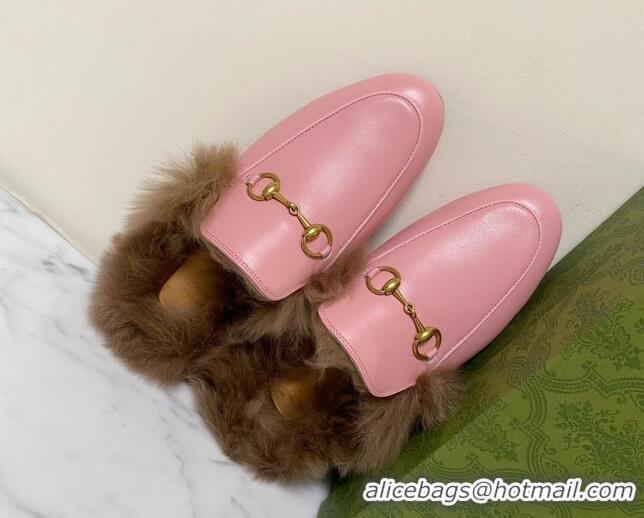 Top Design Gucci Leather and Wool Flat Slippers Light Pink 1119084