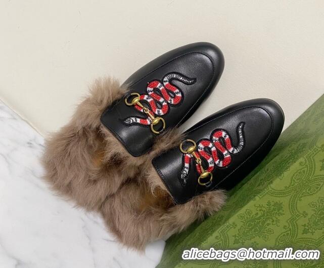 Good Product Gucci Leather and Wool Flat Slippers with Snakeking Embroidery Black 1119085