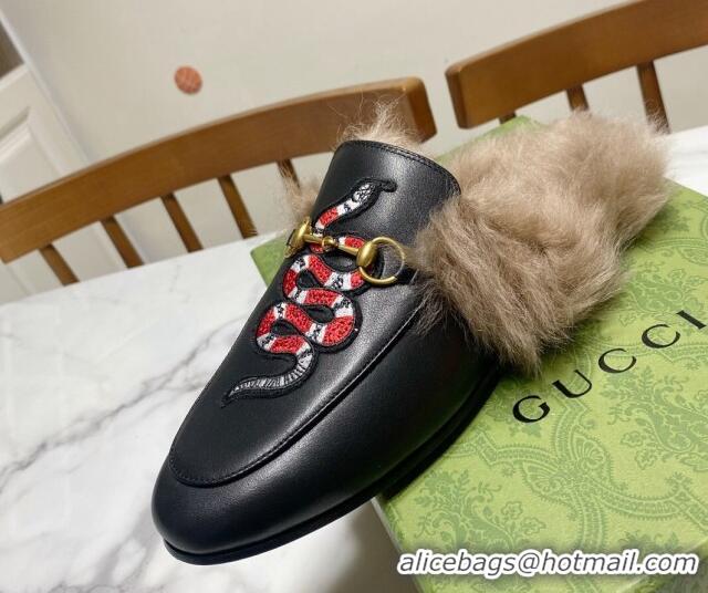 Good Product Gucci Leather and Wool Flat Slippers with Snakeking Embroidery Black 1119085