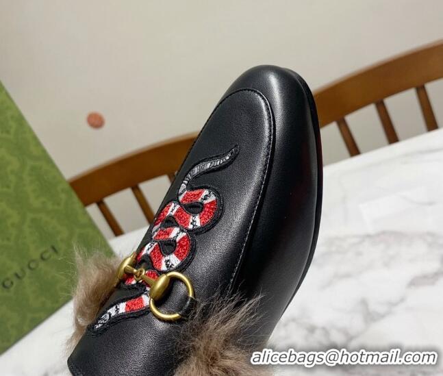 Good Product Gucci Leather and Wool Flat Slippers with Snakeking Embroidery Black 1119085