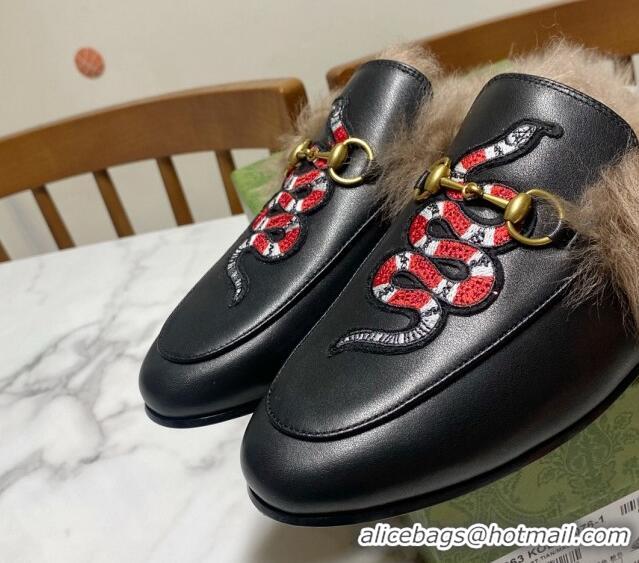 Good Product Gucci Leather and Wool Flat Slippers with Snakeking Embroidery Black 1119085