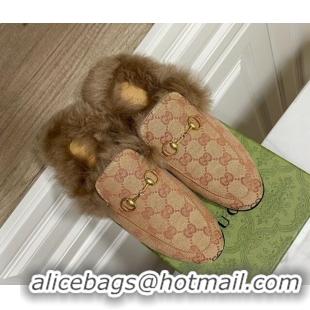 Best Grade Gucci GG Canvas and Wool Flat Slippers Beige/Brown 1119086