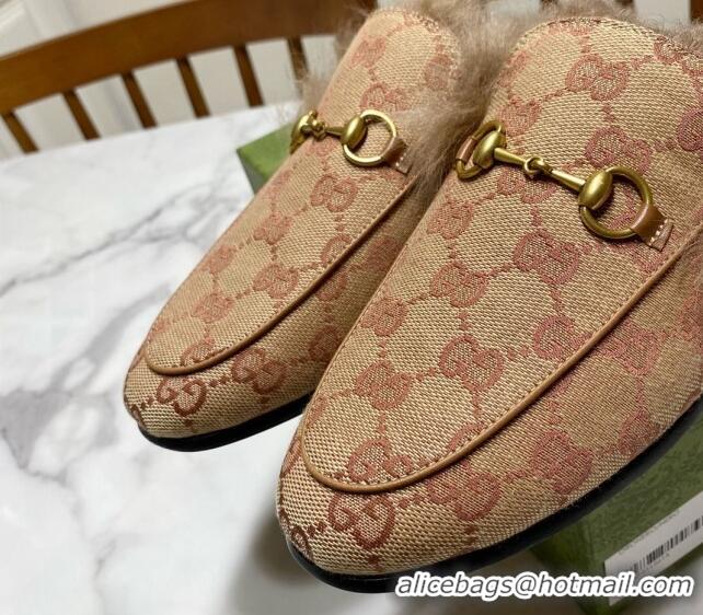 Best Grade Gucci GG Canvas and Wool Flat Slippers Beige/Brown 1119086