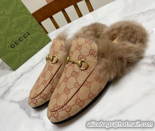 Best Grade Gucci GG Canvas and Wool Flat Slippers Beige/Brown 1119086