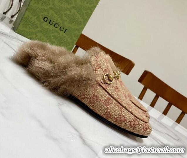 Best Grade Gucci GG Canvas and Wool Flat Slippers Beige/Brown 1119086