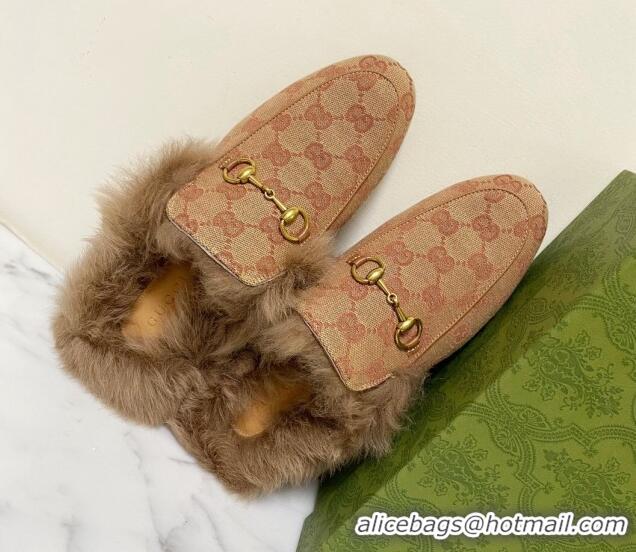 Best Grade Gucci GG Canvas and Wool Flat Slippers Beige/Brown 1119086