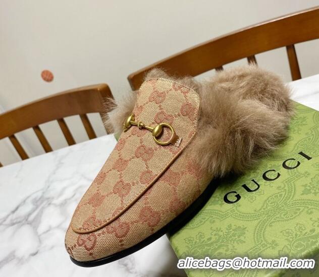 Best Grade Gucci GG Canvas and Wool Flat Slippers Beige/Brown 1119086