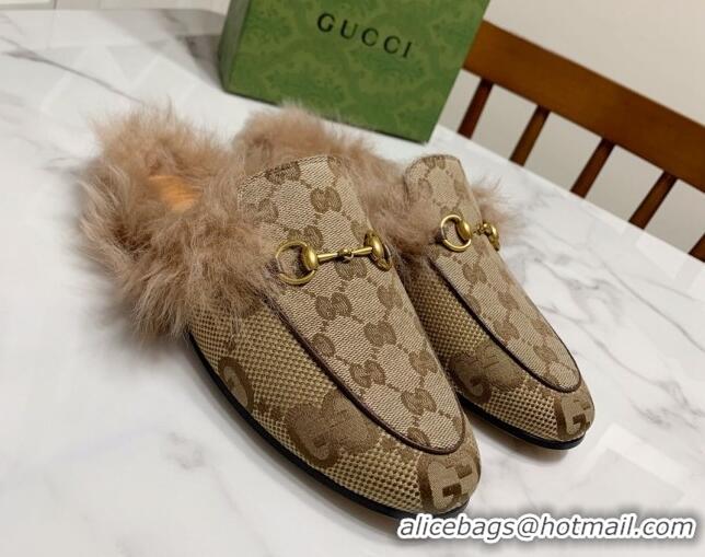 Pretty Style Gucci GG Maxi Canvas and Wool Flat Slippers Camel Beige 1119087