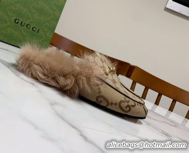 Pretty Style Gucci GG Maxi Canvas and Wool Flat Slippers Camel Beige 1119087