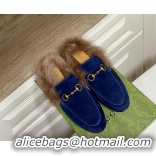 Best Product Gucci Suede and Wool Flat Slippers Navy Blue 1119088