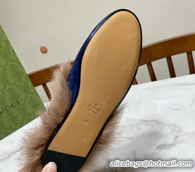 Best Product Gucci Suede and Wool Flat Slippers Navy Blue 1119088