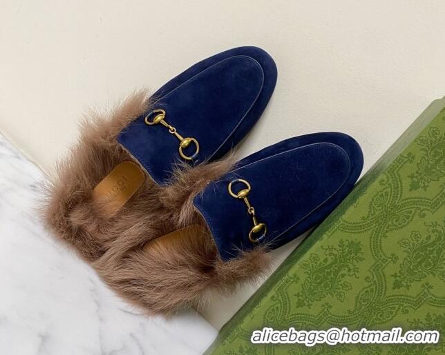 Best Product Gucci Suede and Wool Flat Slippers Navy Blue 1119088