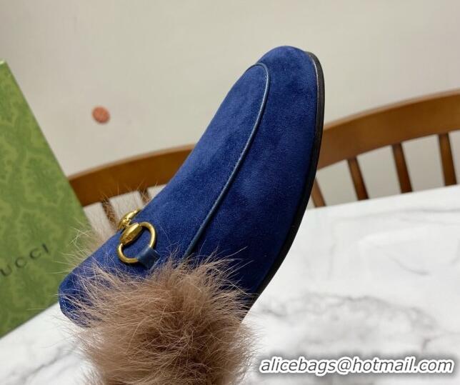 Best Product Gucci Suede and Wool Flat Slippers Navy Blue 1119088