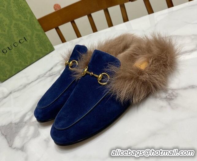 Best Product Gucci Suede and Wool Flat Slippers Navy Blue 1119088