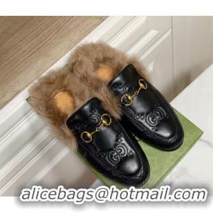 Unique Style Gucci GG Leather and Wool Flat Slippers Black 1119092