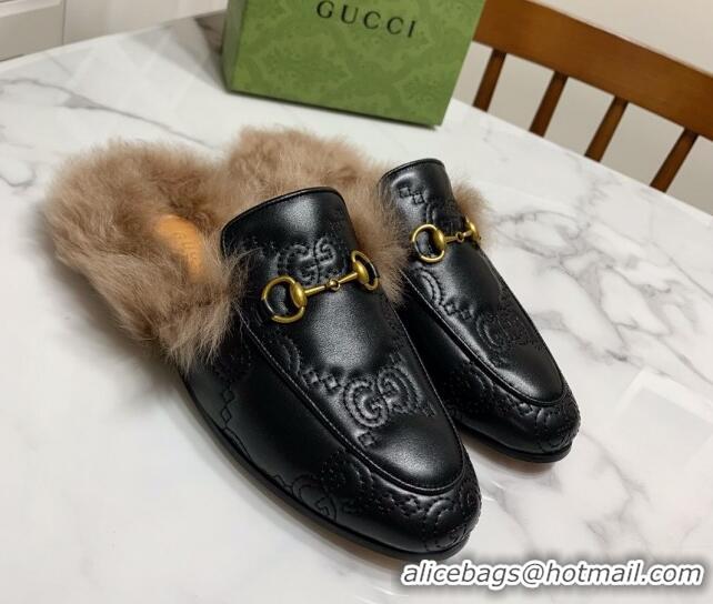 Unique Style Gucci GG Leather and Wool Flat Slippers Black 1119092