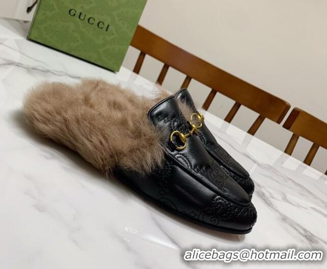 Unique Style Gucci GG Leather and Wool Flat Slippers Black 1119092