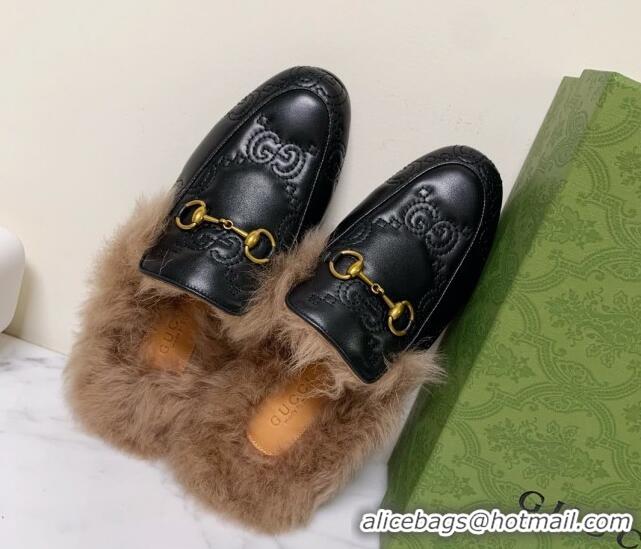 Unique Style Gucci GG Leather and Wool Flat Slippers Black 1119092