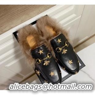 Classic Hot Gucci Leather and Wool Flat Slippers with Bee Embroidery Black 1119093