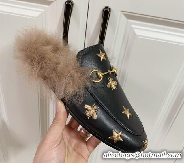 Classic Hot Gucci Leather and Wool Flat Slippers with Bee Embroidery Black 1119093