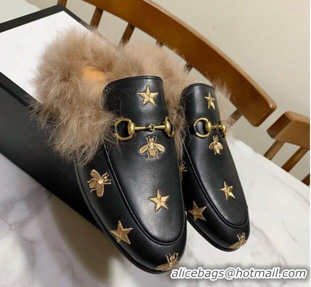 Classic Hot Gucci Leather and Wool Flat Slippers with Bee Embroidery Black 1119093