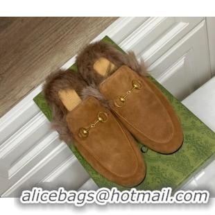 Best Price Gucci Suede and Wool Flat Slippers Brown 1119094