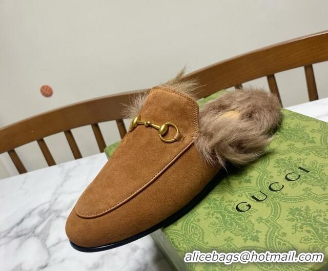 Best Price Gucci Suede and Wool Flat Slippers Brown 1119094