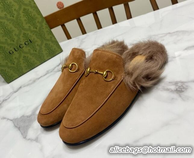 Best Price Gucci Suede and Wool Flat Slippers Brown 1119094