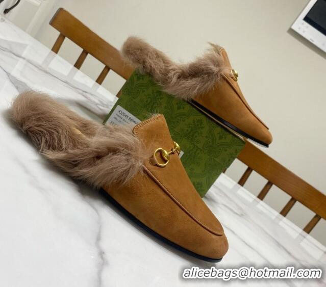 Best Price Gucci Suede and Wool Flat Slippers Brown 1119094