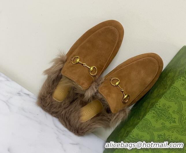 Best Price Gucci Suede and Wool Flat Slippers Brown 1119094