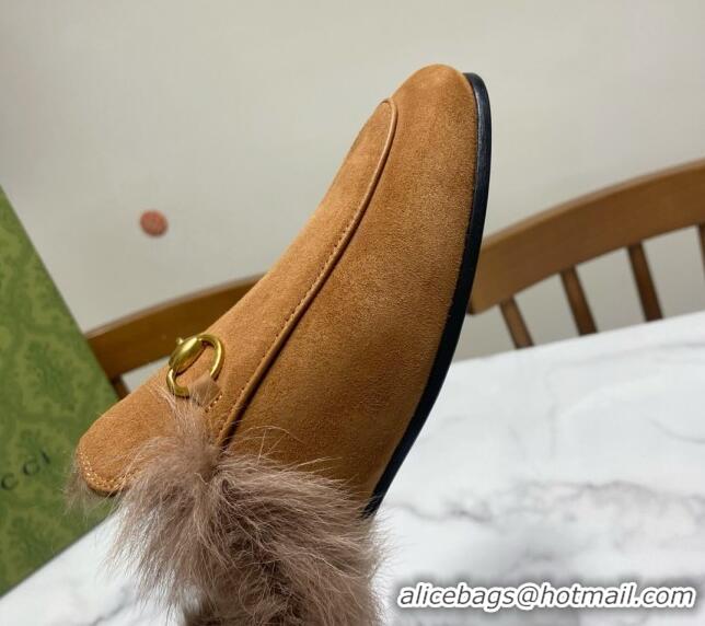 Best Price Gucci Suede and Wool Flat Slippers Brown 1119094