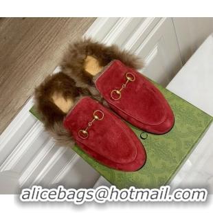 Top Grade Gucci Suede and Wool Flat Slippers Red 1119095