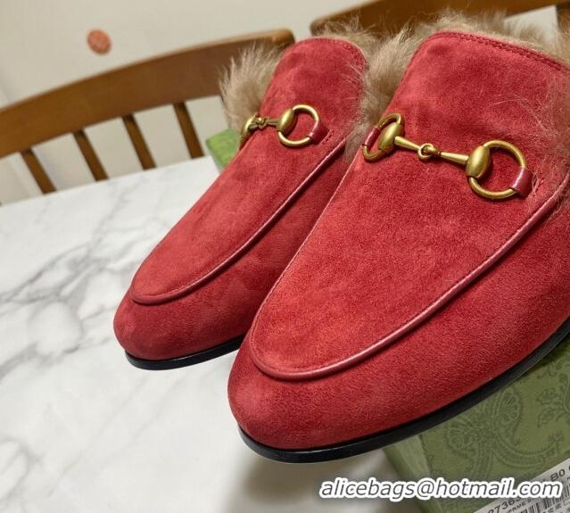 Top Grade Gucci Suede and Wool Flat Slippers Red 1119095